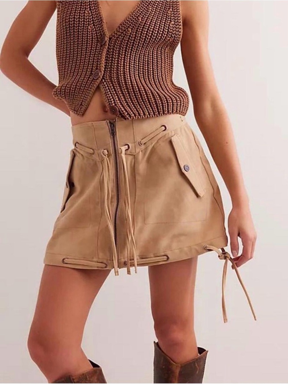 We The Free Sierra Faux Suede Lace Up Utility Mini Skirt Size 2